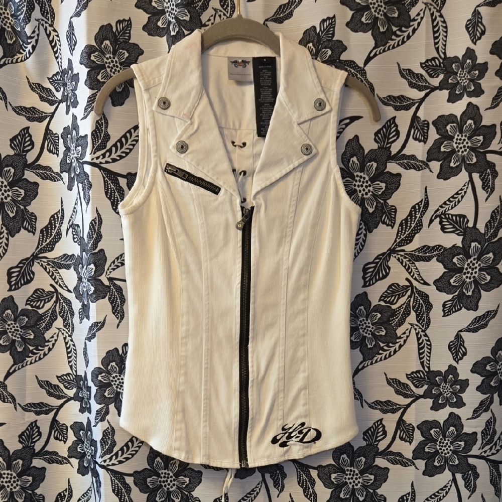 Harley-Davidson White Sleeveless Zip-Up Tank Top